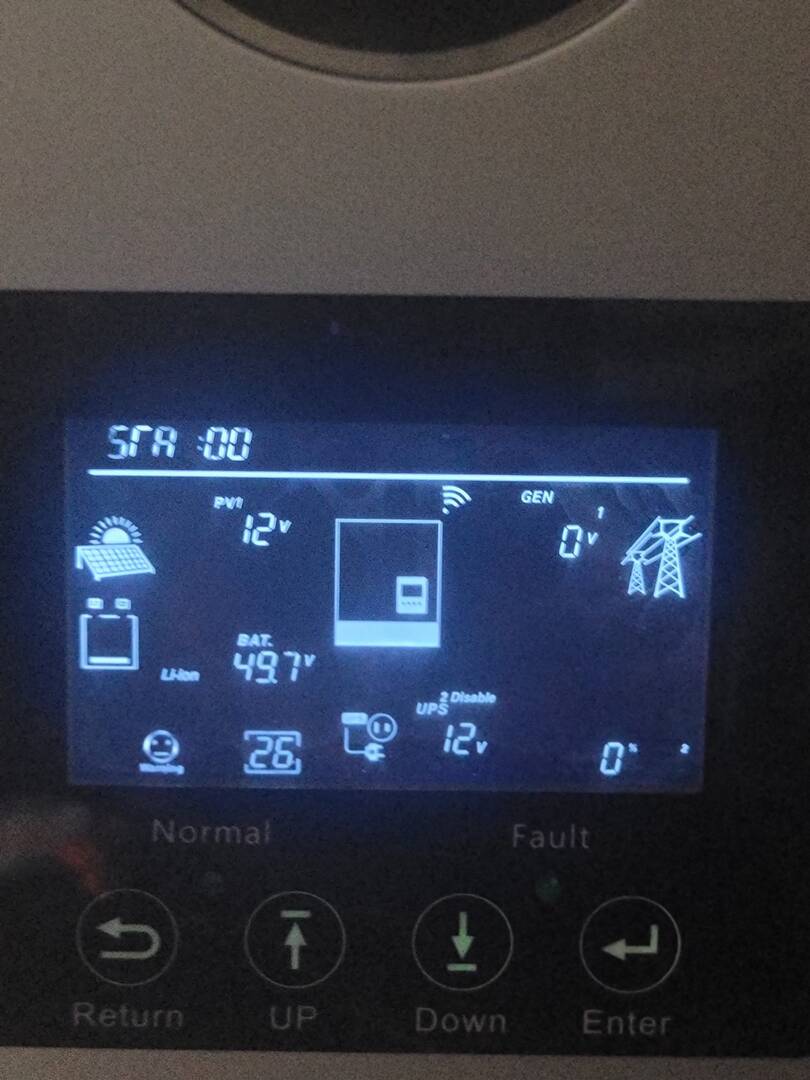 LCD in standby: 12V PV reading and warning 26; this is not a photo of Fault 17.